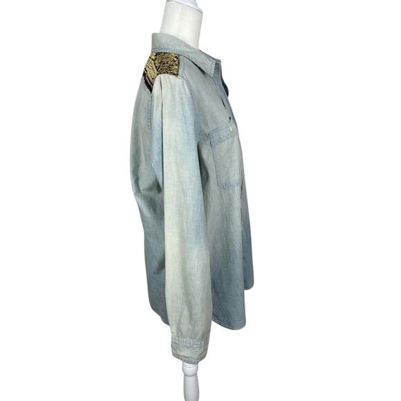Denim & Supply Ralph Lauren Sandwashed Denim Brocade Boyfriend Shirt Sz Medium - Picture 4 of 13